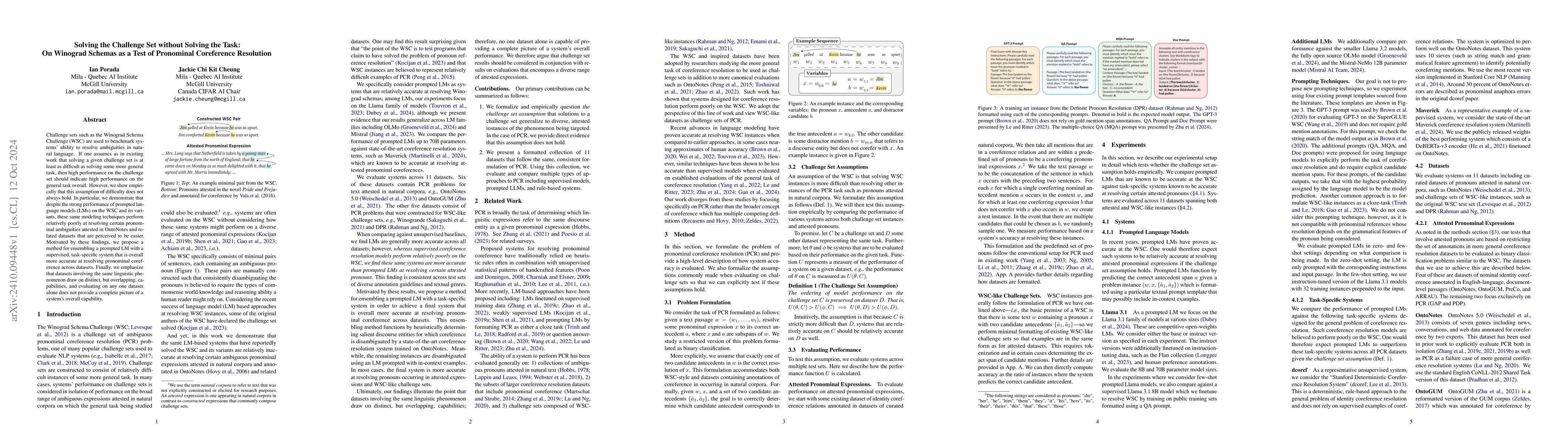 Thumbnail for Solving the Challenge Set without Solving the Task: On Winograd Schemas
  as a Test of Pronominal Coreference Resolution