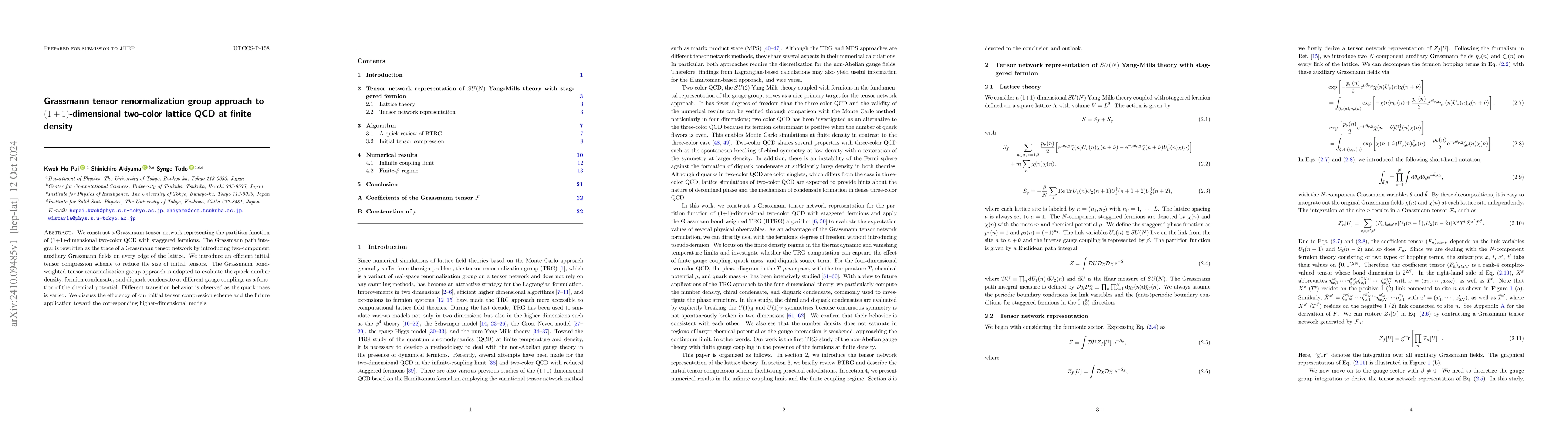 Thumbnail for Grassmann tensor renormalization group approach to $(1+1)$-dimensional
  two-color lattice QCD at finite density