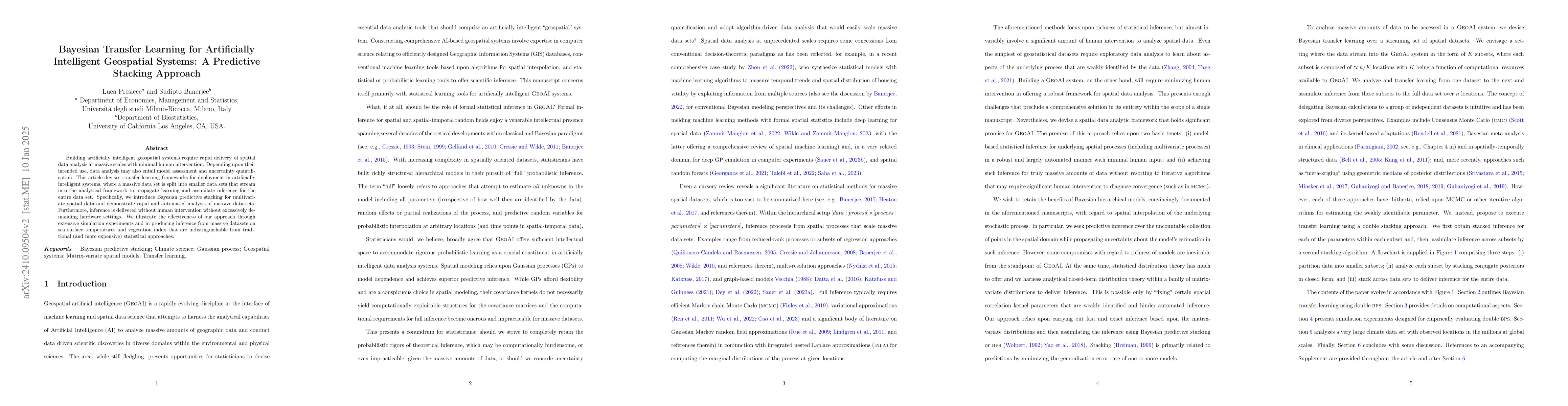 Thumbnail for Bayesian Transfer Learning for Artificially Intelligent Geospatial
  Systems: A Predictive Stacking Approach