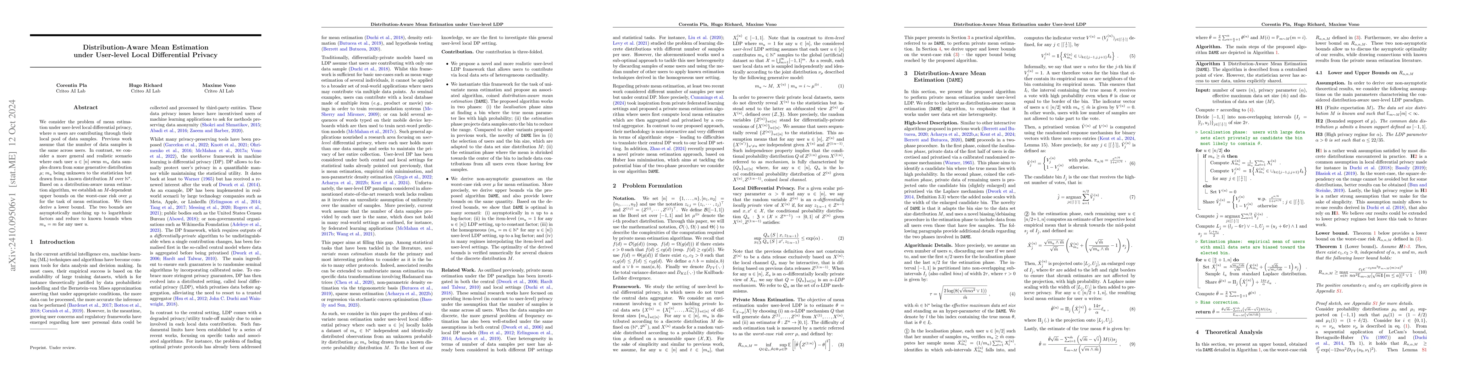 Thumbnail for Distribution-Aware Mean Estimation under User-level Local Differential
  Privacy