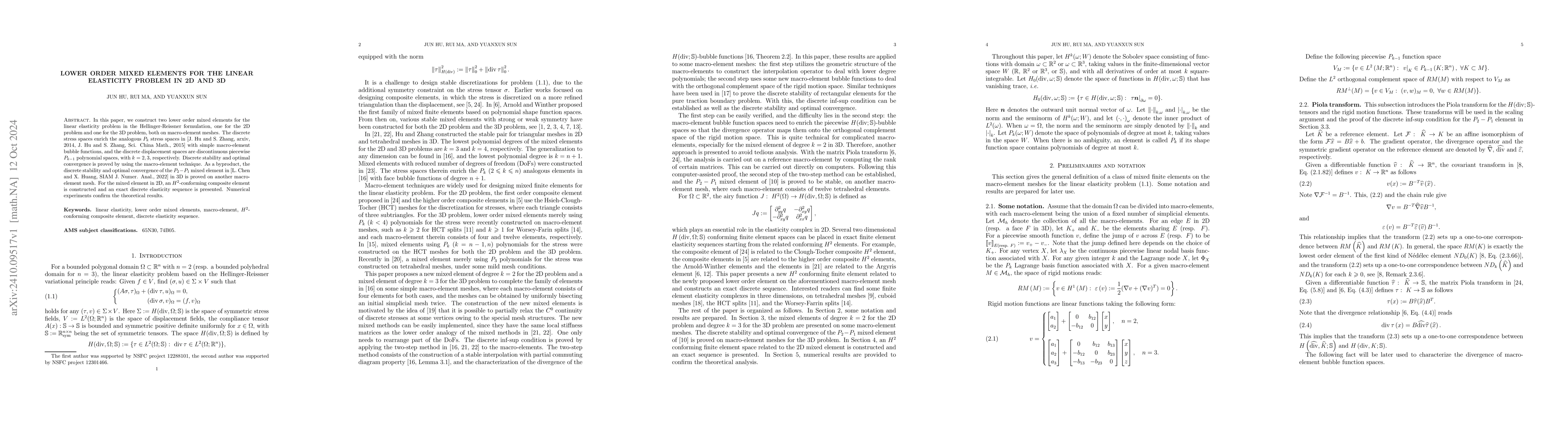 Thumbnail for Lower order mixed elements for the linear elasticity problem in 2D and
  3D