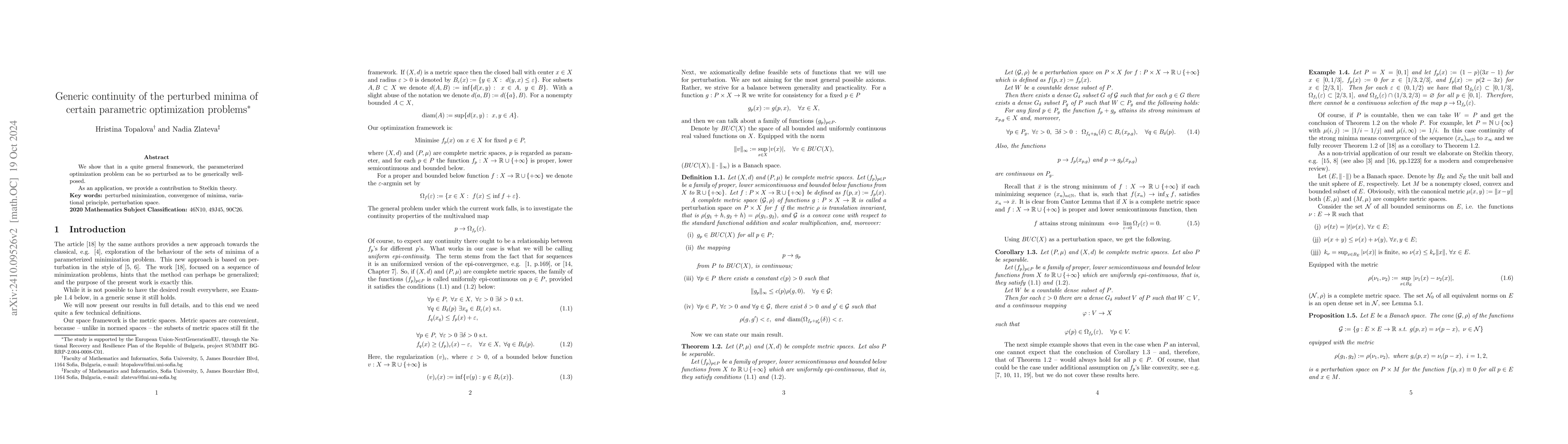 Thumbnail for Generic continuity of the perturbed minima of certain parametric
  optimization problems