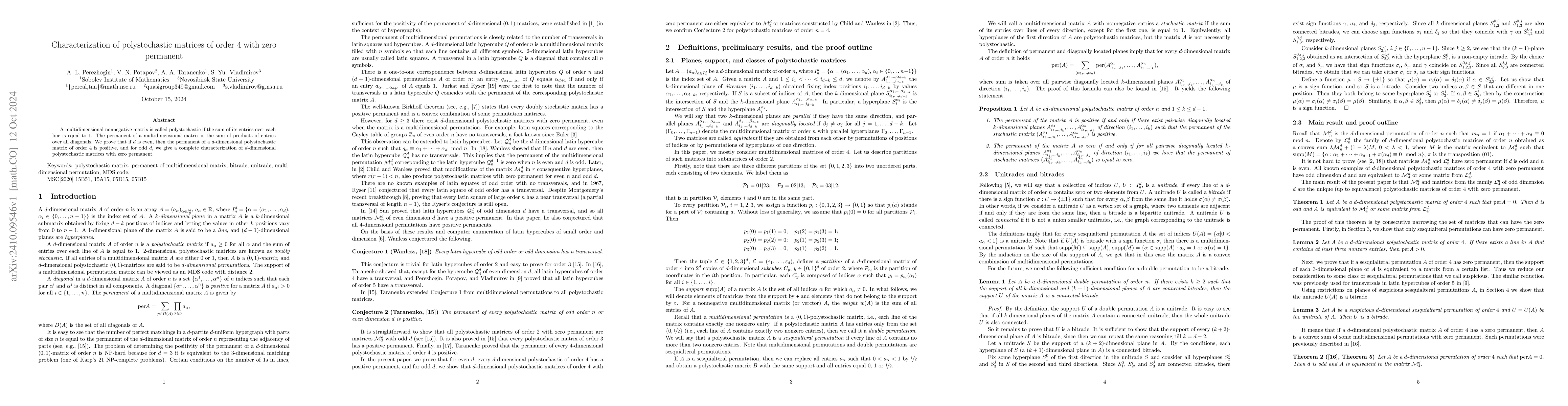 Thumbnail for Characterization of polystochastic matrices of order $4$ with zero
  permanent