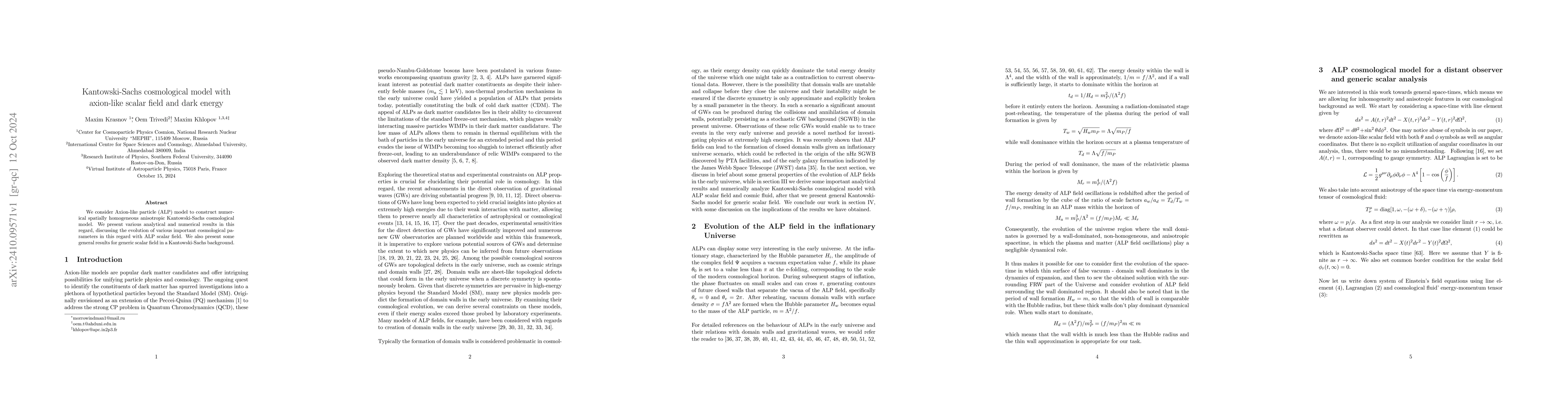 Thumbnail for Kantowski-Sachs cosmological model with axion-like scalar field and dark
  energy