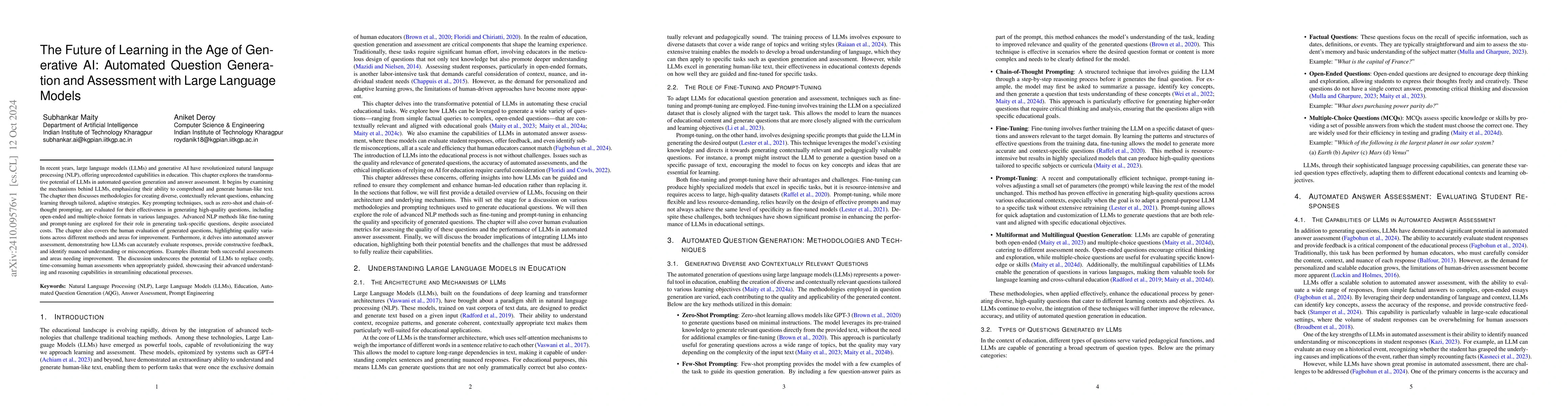 Thumbnail for The Future of Learning in the Age of Generative AI: Automated Question
  Generation and Assessment with Large Language Models