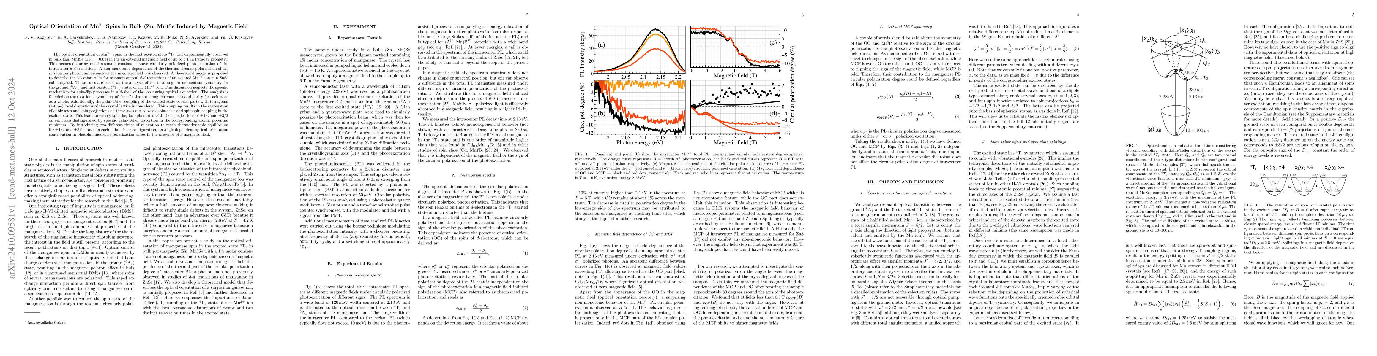 Thumbnail for Optical Orientation of Mn$^{2+}$ Spins in Bulk (Zn, Mn)Se Induced by
  Magnetic Field