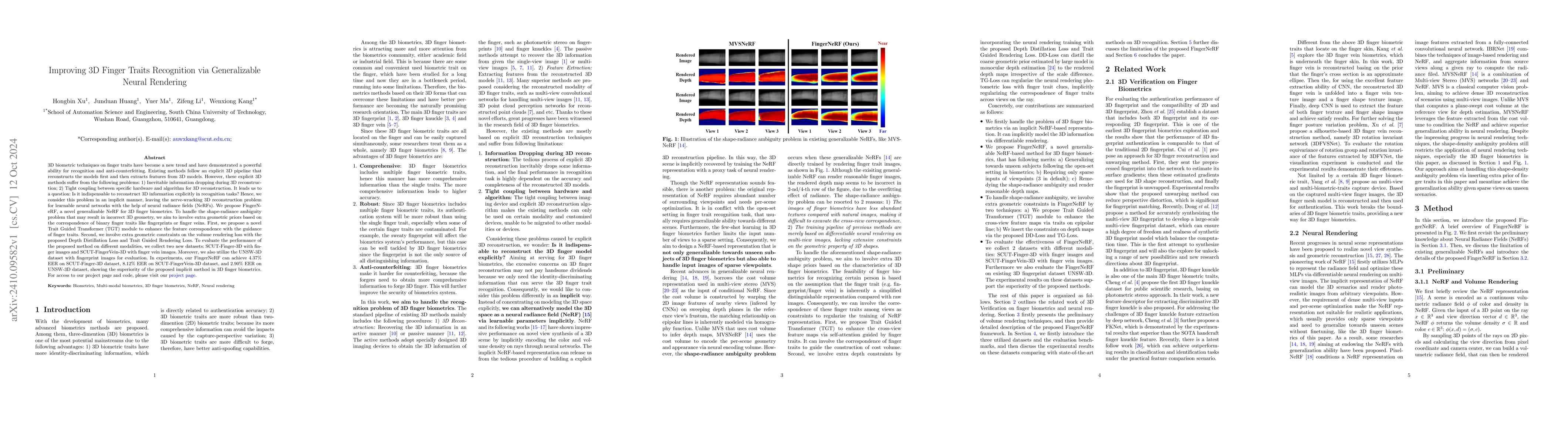 Thumbnail for Improving 3D Finger Traits Recognition via Generalizable Neural
  Rendering