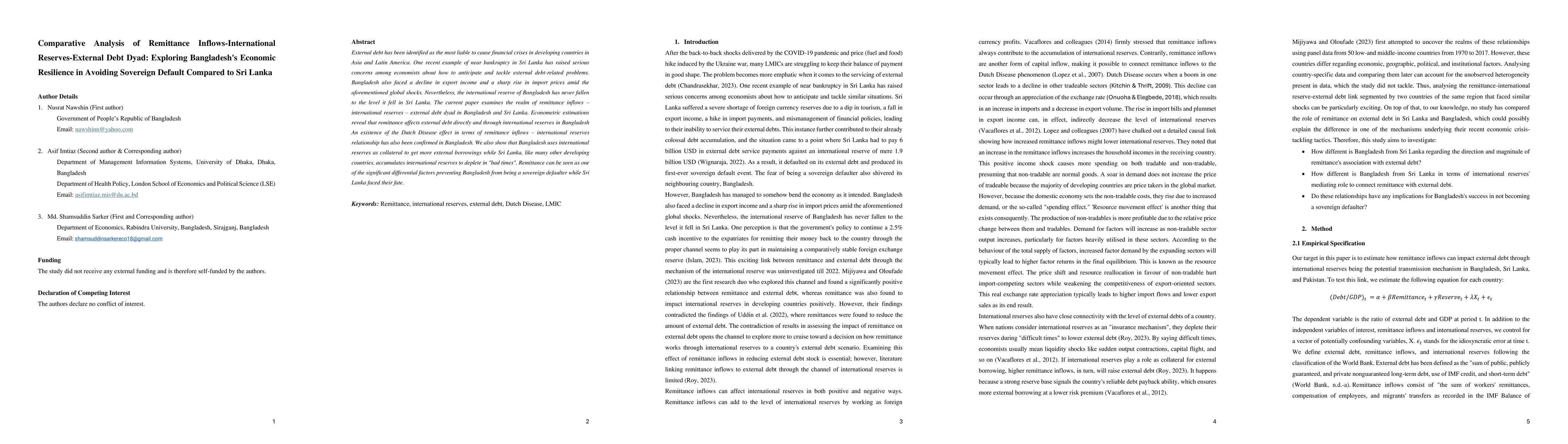 Thumbnail for Comparative Analysis of Remittance Inflows- International
  Reserves-External Debt Dyad: Exploring Bangladesh's Economic Resilience in
  Avoiding Sovereign Default Compared to Sri Lanka