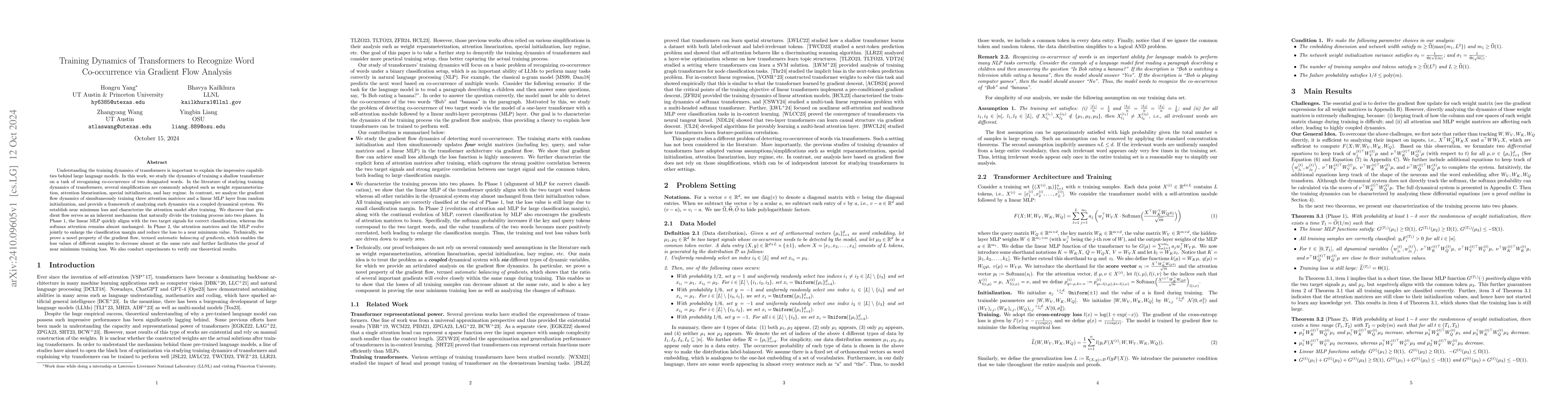 Thumbnail for Training Dynamics of Transformers to Recognize Word Co-occurrence via
  Gradient Flow Analysis