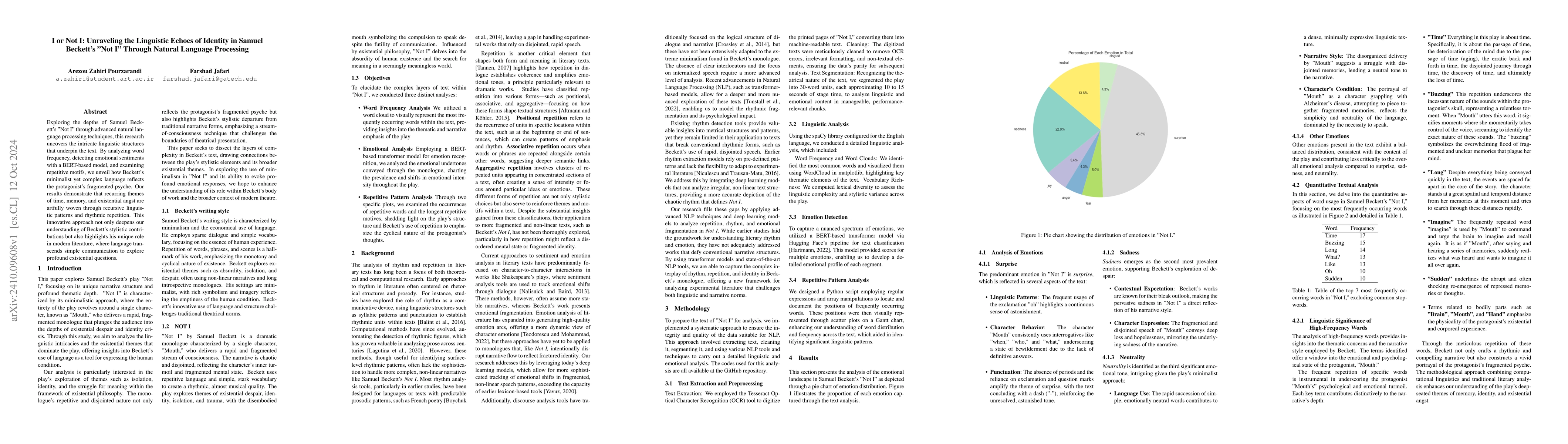 Thumbnail for I or Not I: Unraveling the Linguistic Echoes of Identity in Samuel
  Beckett's "Not I" Through Natural Language Processing