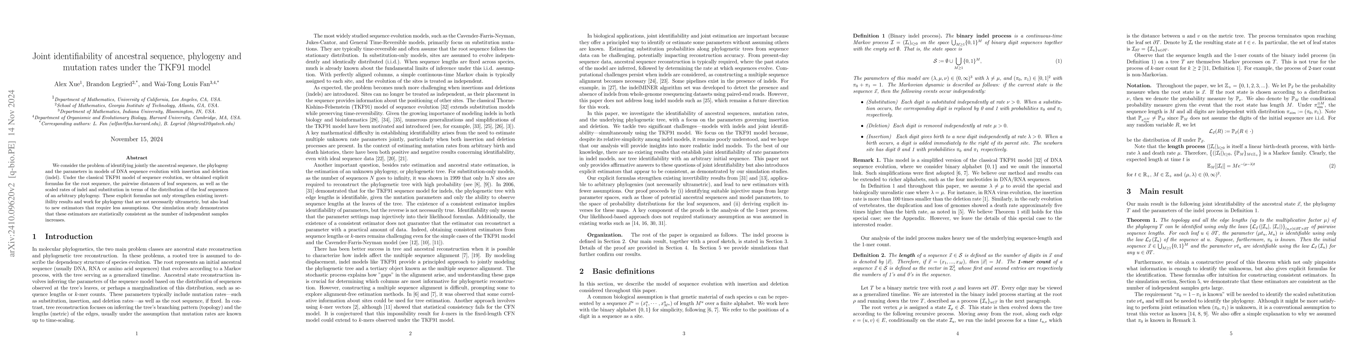 Thumbnail for Joint identifiability of ancestral sequence, phylogeny and mutation
  rates under the TKF91 model