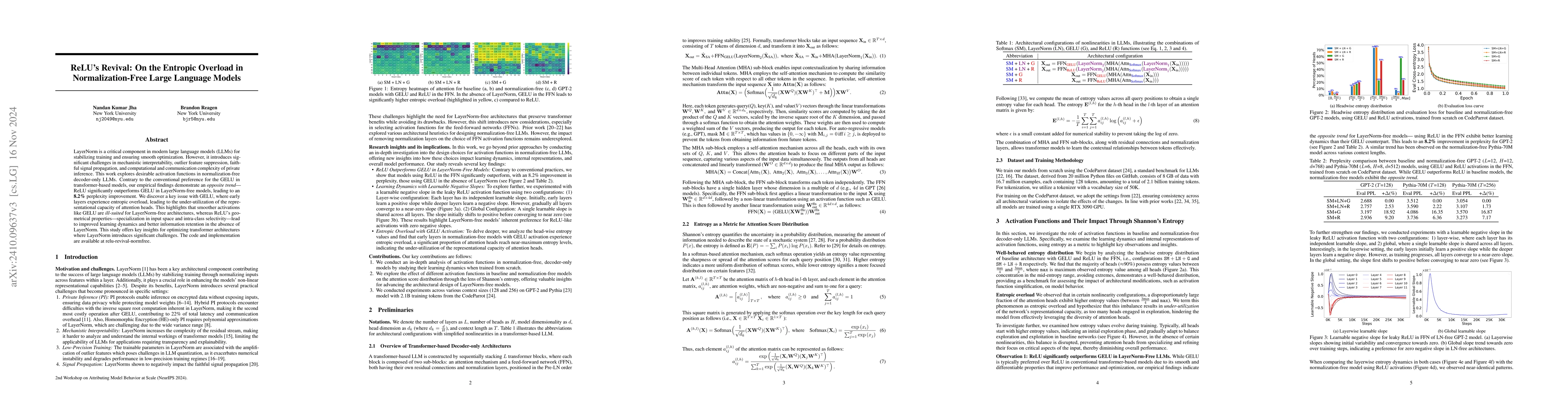 Thumbnail for ReLU's Revival: On the Entropic Overload in Normalization-Free Large
  Language Models