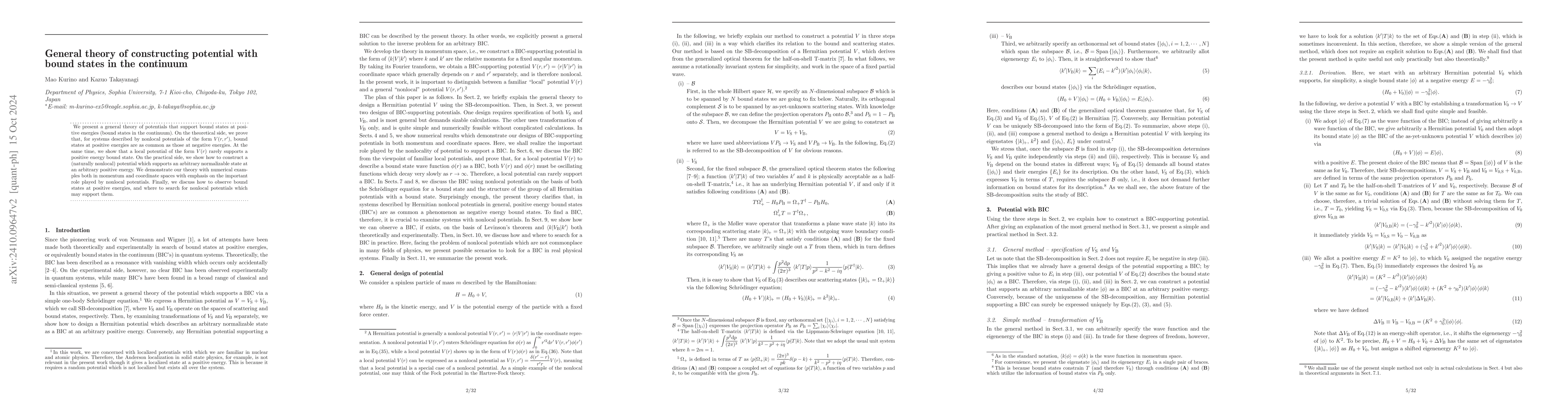 Thumbnail for General theory of constructing potential with bound states in the
  continuum