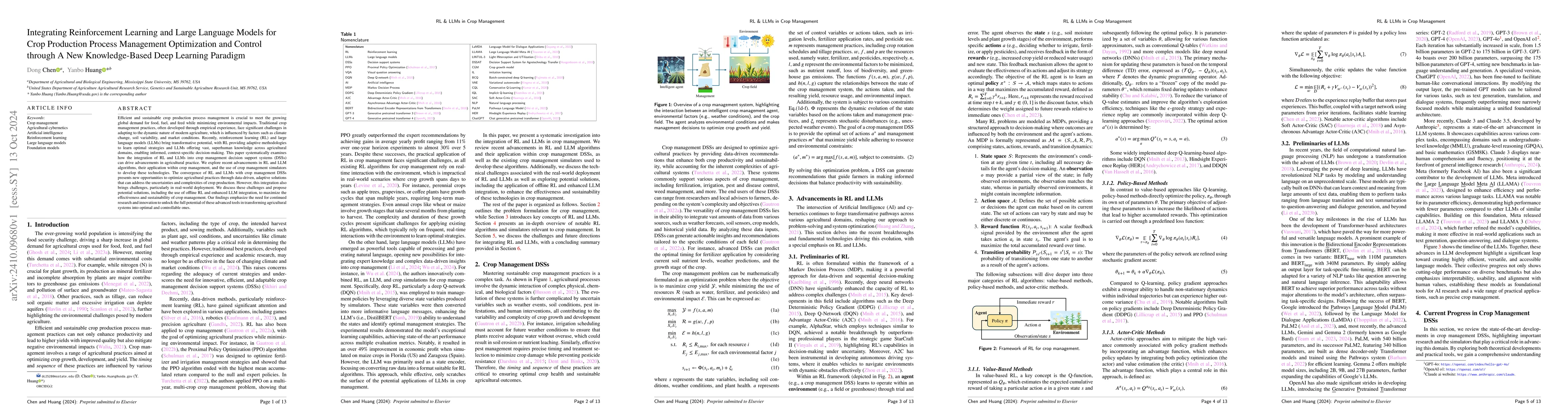Thumbnail for Integrating Reinforcement Learning and Large Language Models for Crop
  Production Process Management Optimization and Control through A New
  Knowledge-Based Deep Learning Paradigm