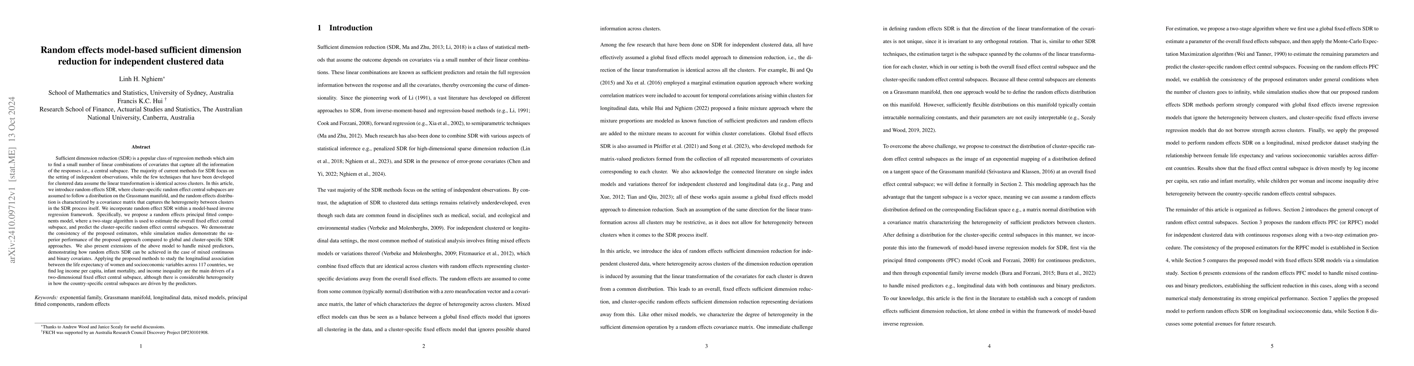 Thumbnail for Random effects model-based sufficient dimension reduction for
  independent clustered data