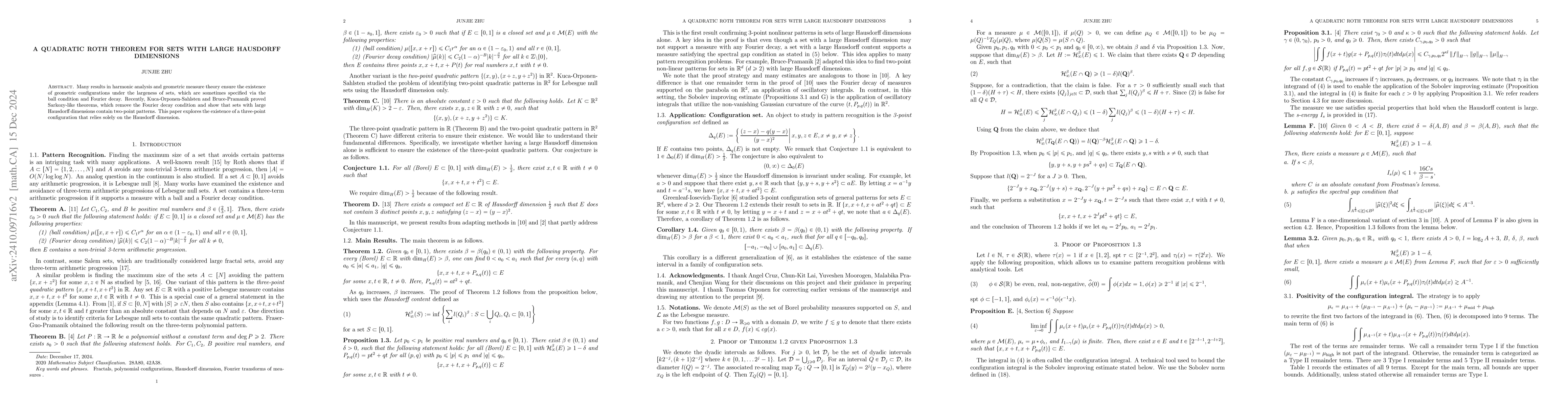 Thumbnail for A quadratic Roth theorem for sets with large Hausdorff dimensions