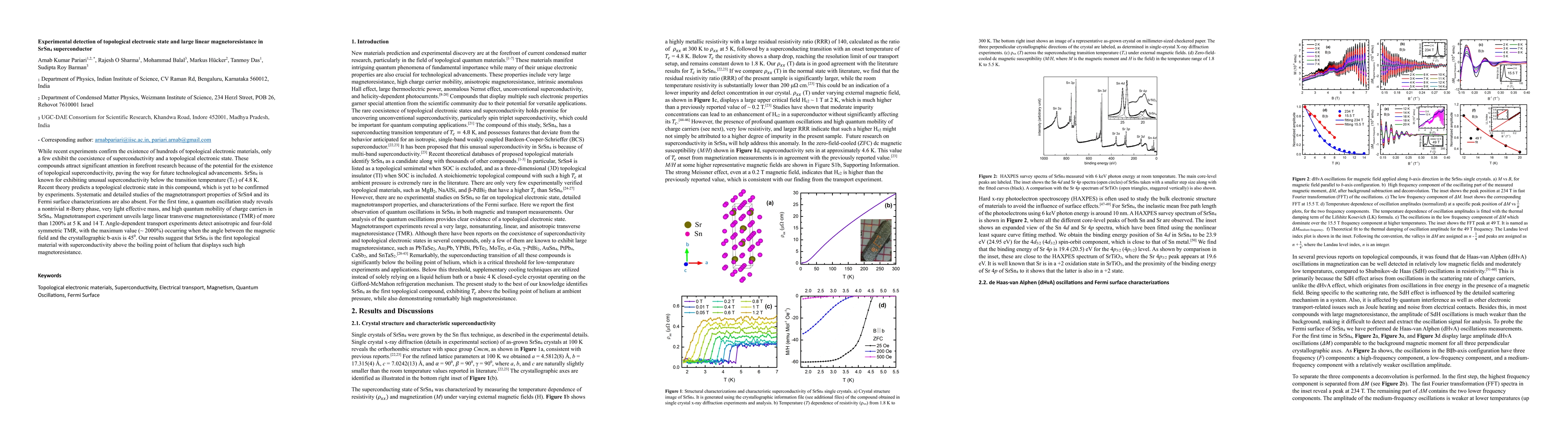 Thumbnail for Experimental detection of topological electronic state and large linear
  magnetoresistance in $SrSn_{4}$ superconductor