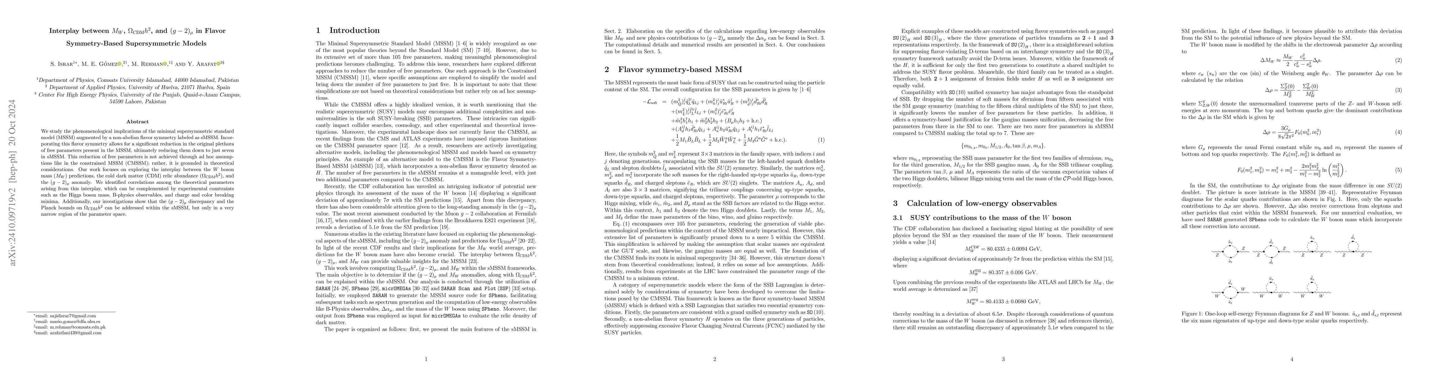 Thumbnail for Interplay between $M_W$, $Ω_{\rm CDM} h^2$, and $(g-2)_μ$ in
  Flavor Symmetry-Based Supersymmetric Models