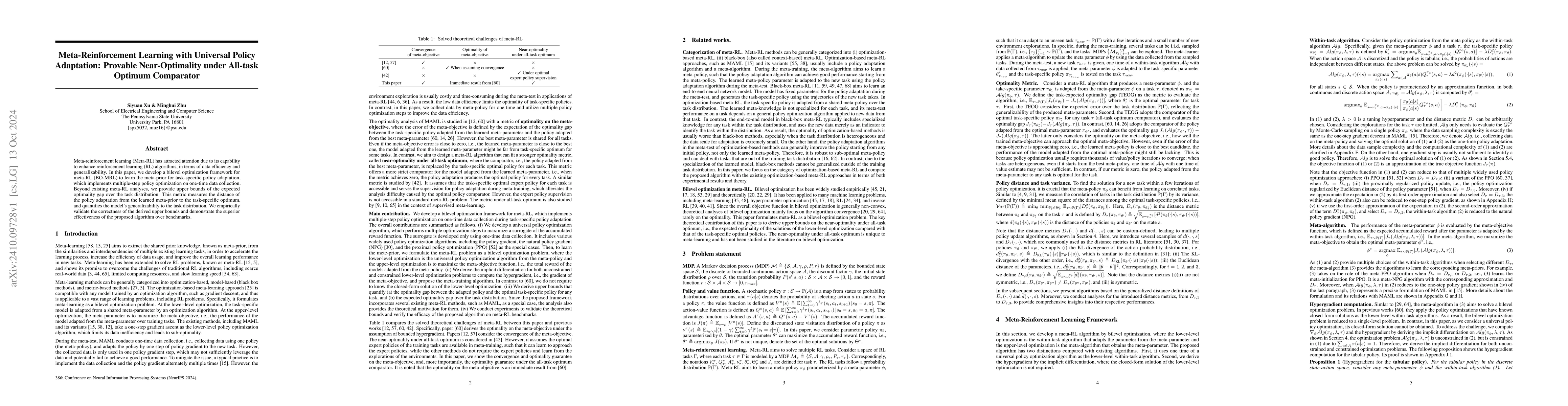 Thumbnail for Meta-Reinforcement Learning with Universal Policy Adaptation: Provable
  Near-Optimality under All-task Optimum Comparator