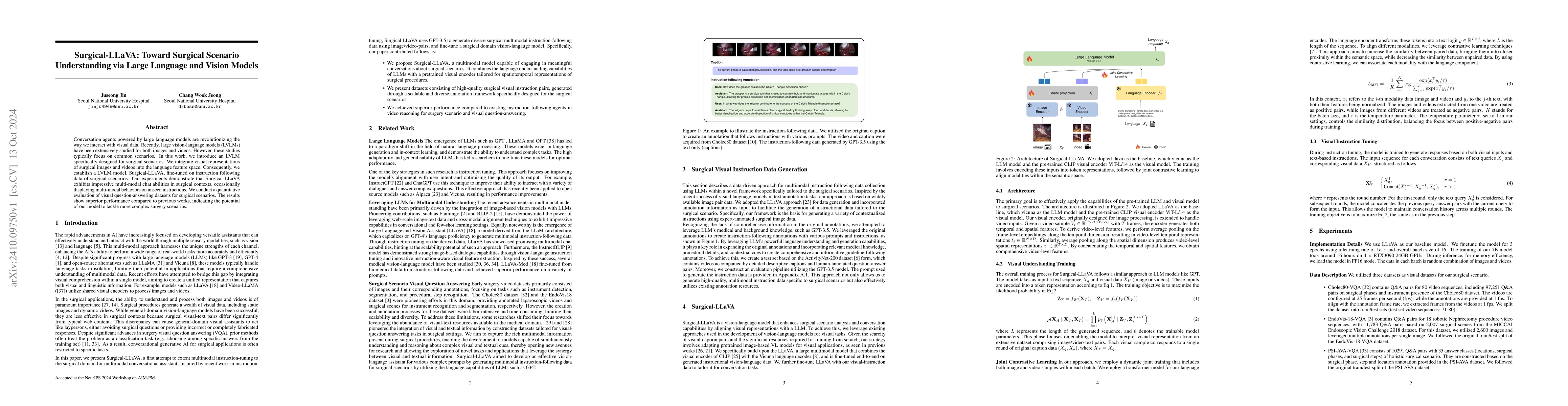 Thumbnail for Surgical-LLaVA: Toward Surgical Scenario Understanding via Large
  Language and Vision Models