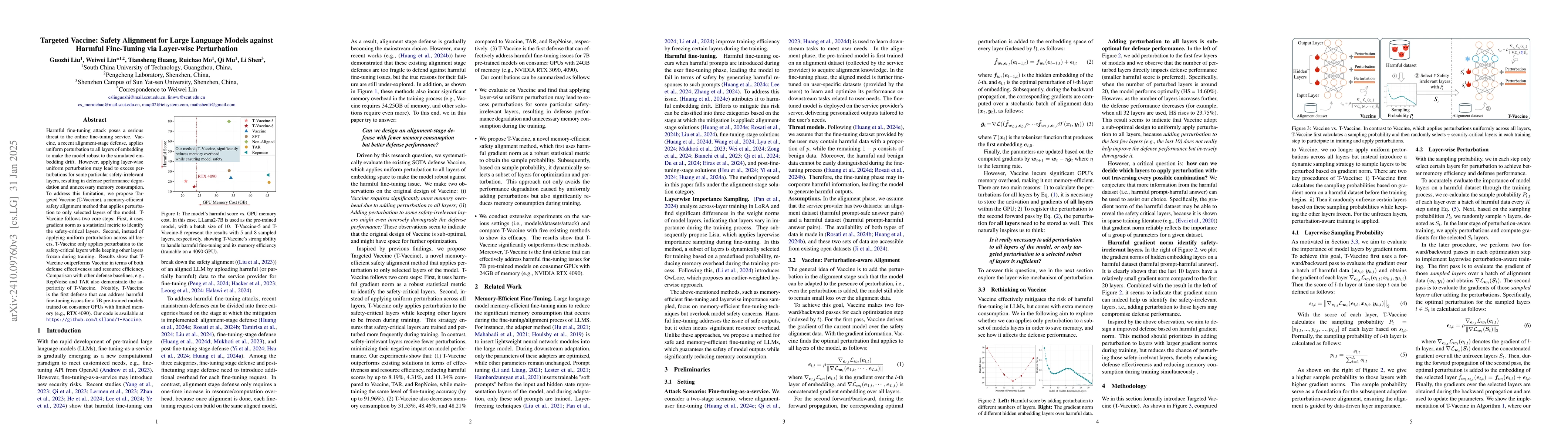 Thumbnail for Targeted Vaccine: Safety Alignment for Large Language Models against
  Harmful Fine-Tuning via Layer-wise Perturbation