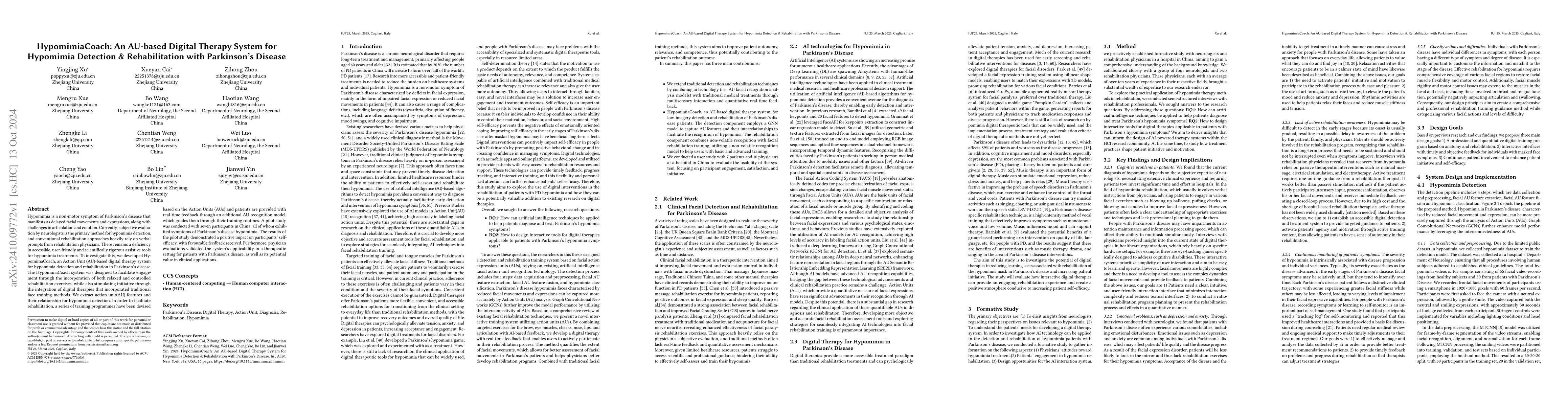 Thumbnail for HypomimiaCoach: An AU-based Digital Therapy System for Hypomimia
  Detection & Rehabilitation with Parkinson's Disease