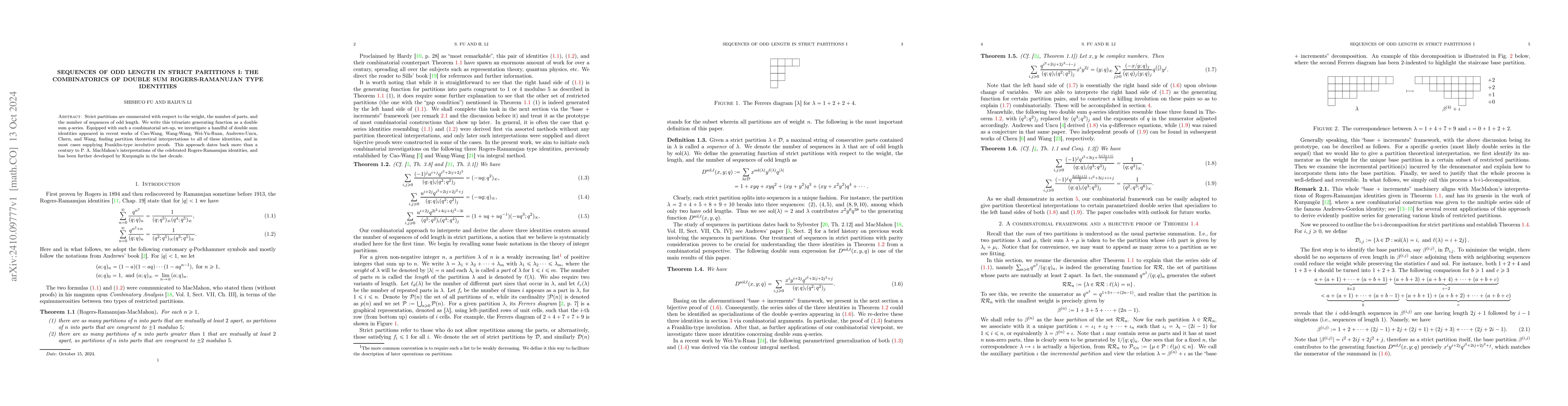Thumbnail for Sequences of odd length in strict partitions I: the combinatorics of
  double sum Rogers-Ramanujan type identities