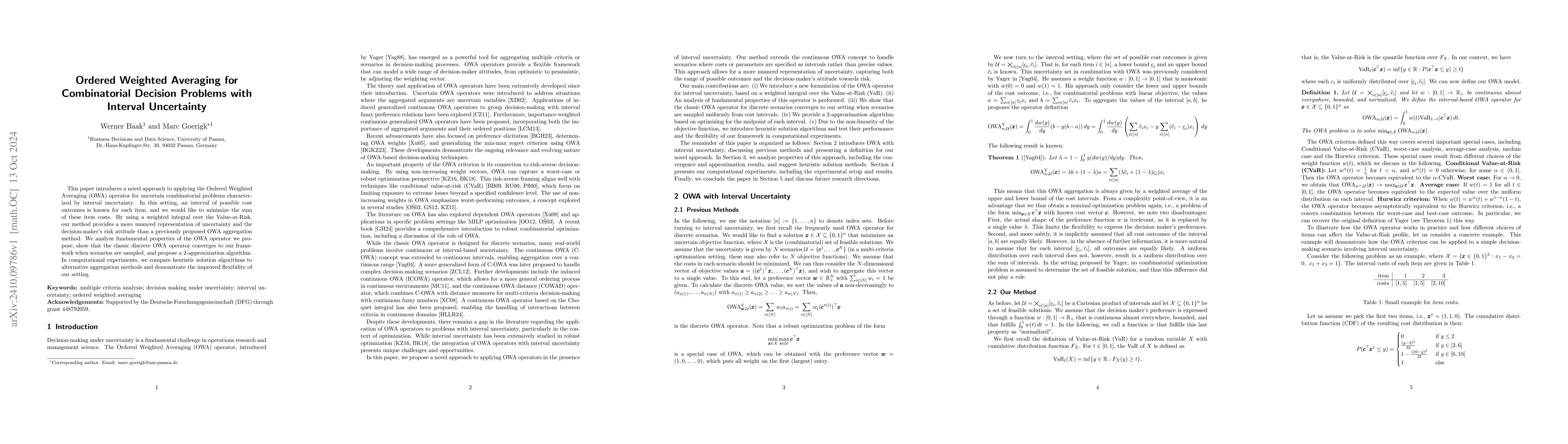 Thumbnail for Ordered Weighted Averaging for Combinatorial Decision Problems with
  Interval Uncertainty