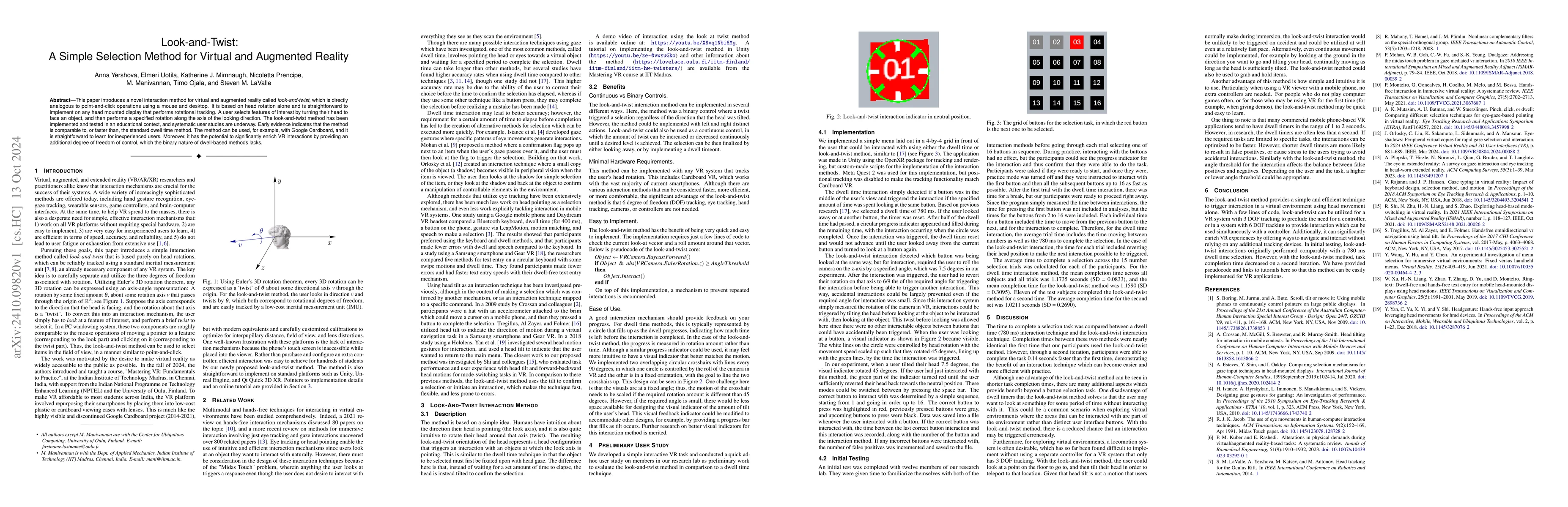 Thumbnail for Look-and-Twist: A Simple Selection Method for Virtual and Augmented
  Reality