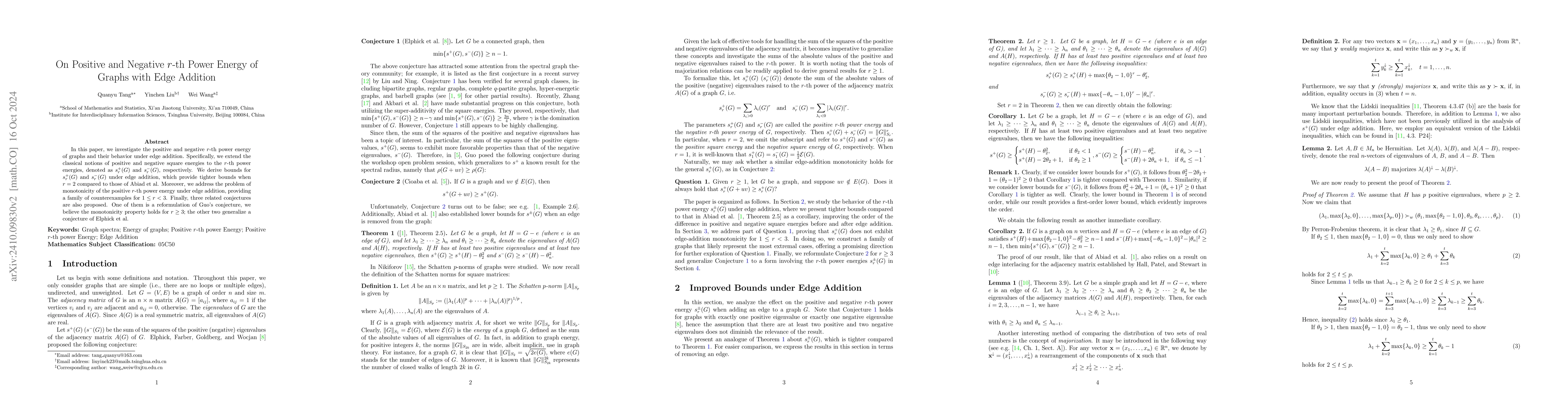 Thumbnail for On Positive and Negative $r$-th Power Energy of Graphs with Edge
  Addition