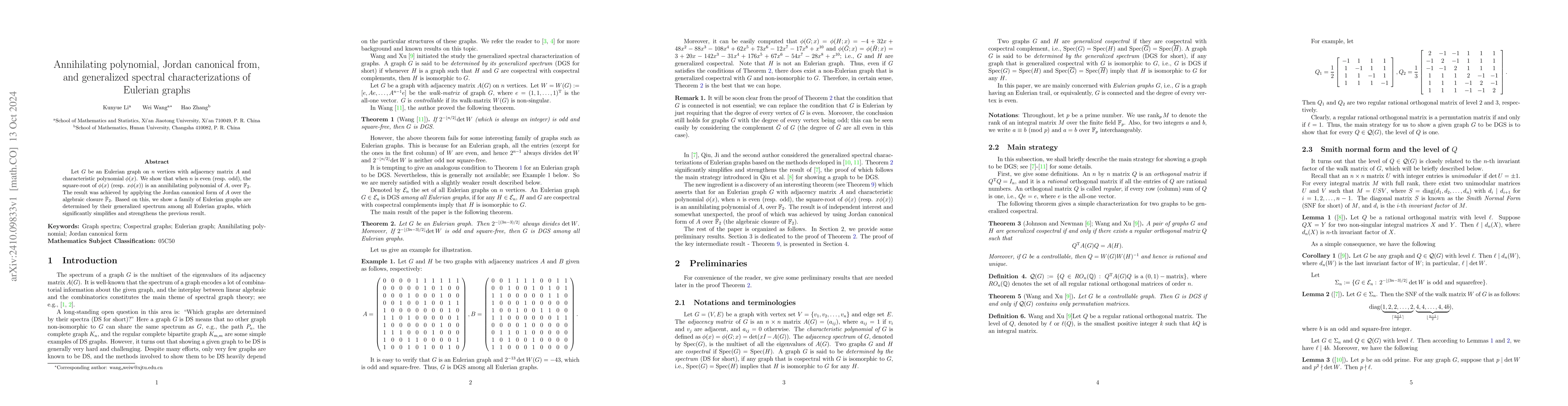 Thumbnail for Annihilating polynomial, Jordan canonical from, and generalized spectral
  characterizations of Eulerian graphs