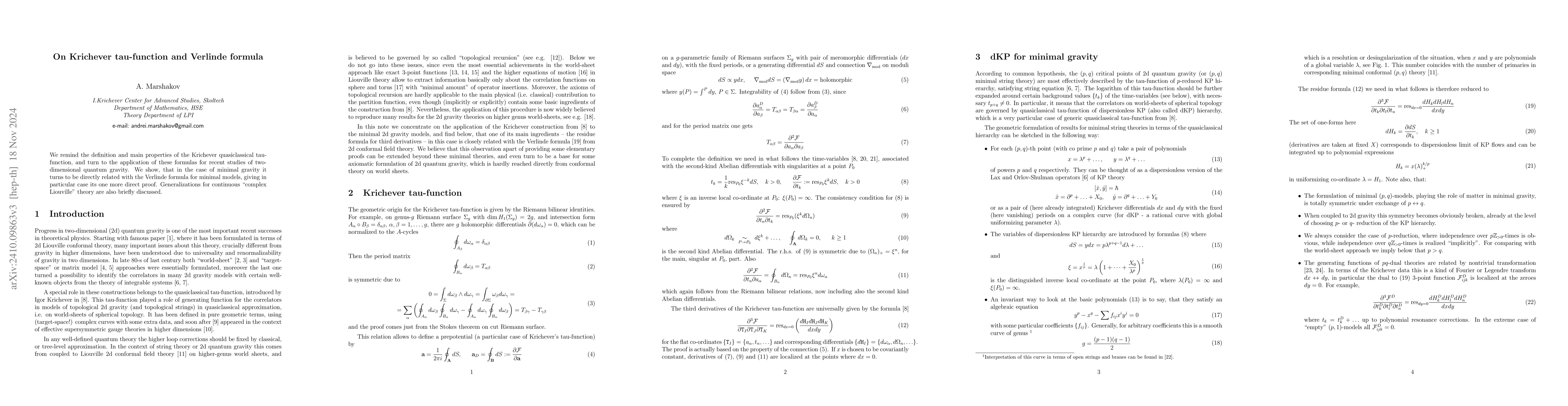 Thumbnail for On Krichever tau-function and Verlinde formula