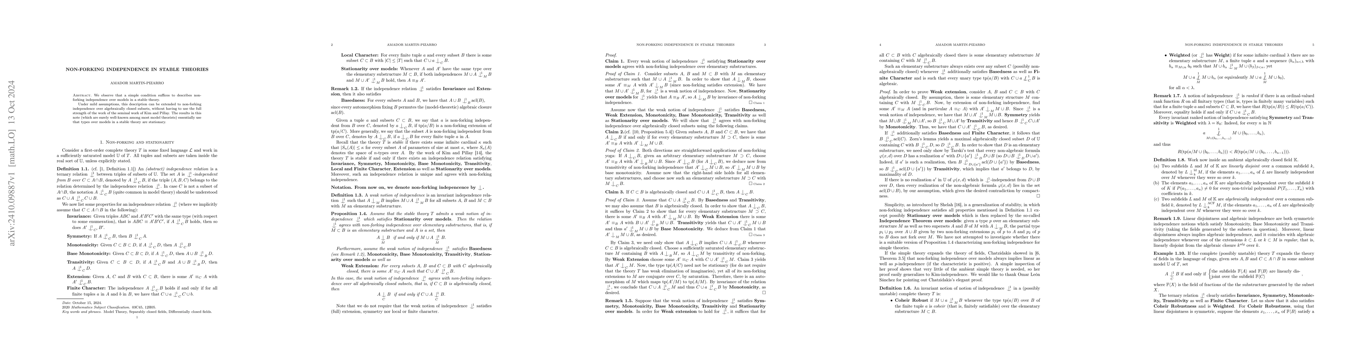 Thumbnail for Non-forking independence in stable theories
