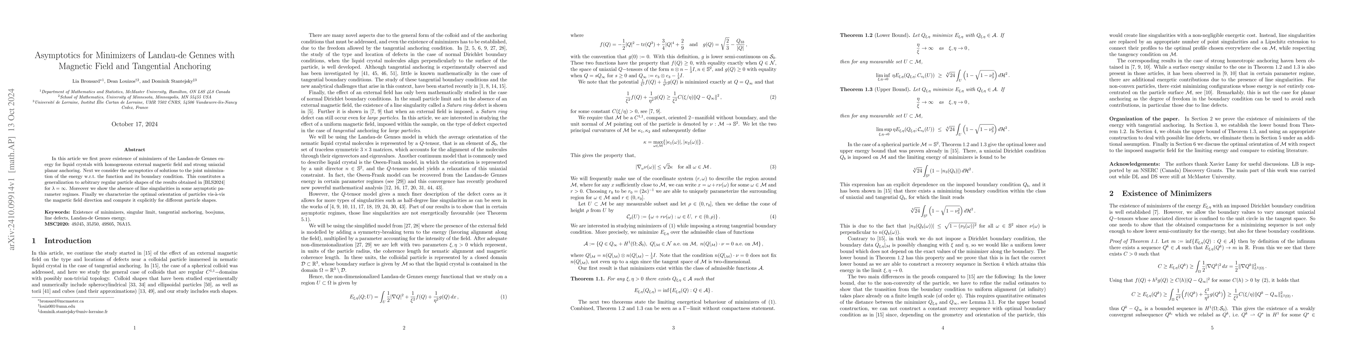Thumbnail for Asymptotics for Minimizers of Landau-de Gennes with Magnetic Field and
  Tangential Anchoring
