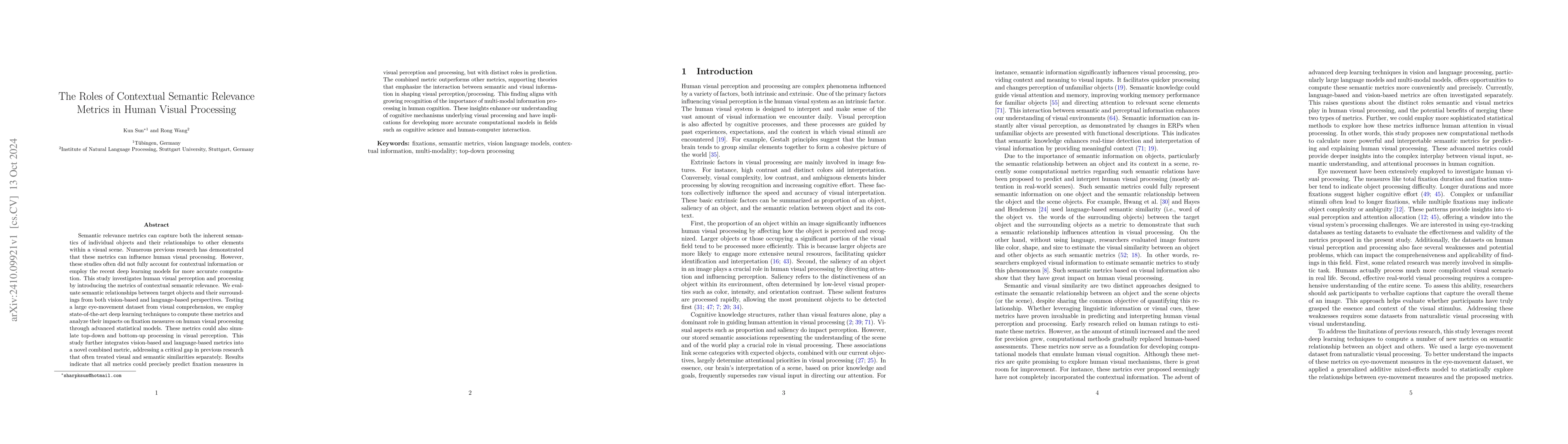 Thumbnail for The Roles of Contextual Semantic Relevance Metrics in Human Visual
  Processing
