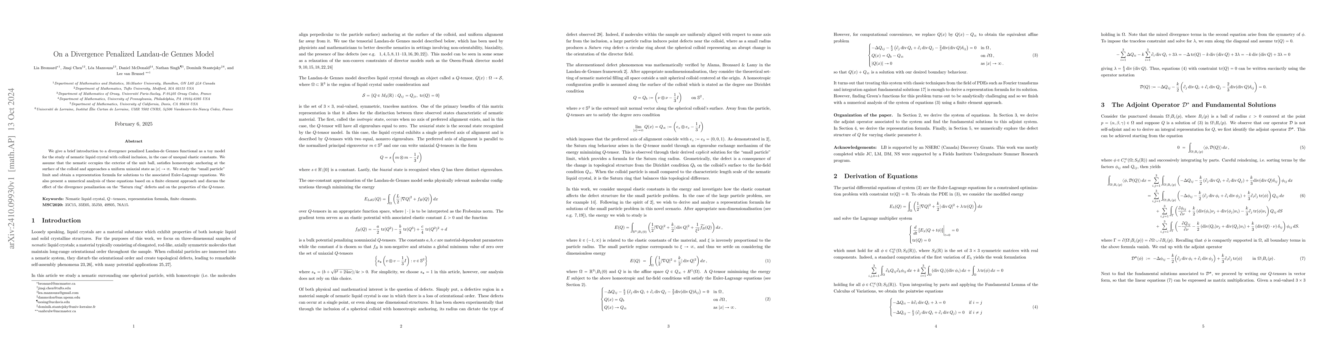 Thumbnail for On a Divergence Penalized Landau-de Gennes Model