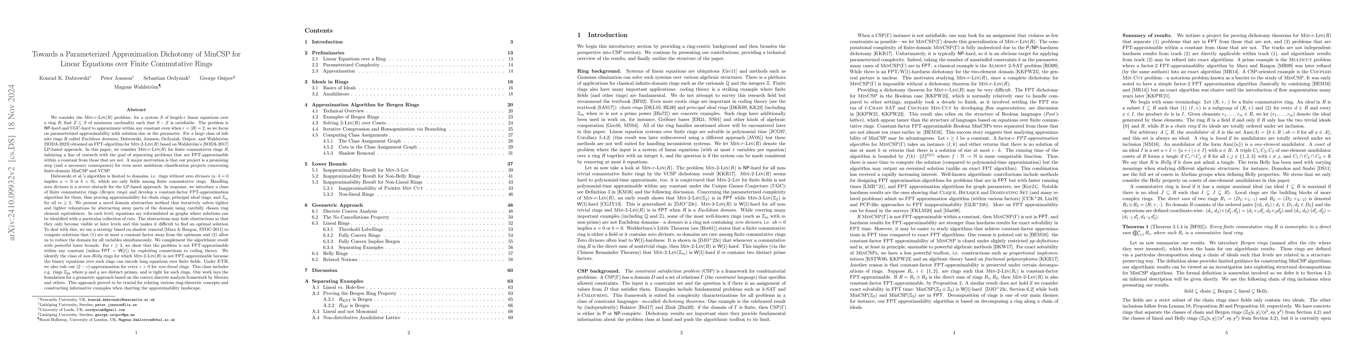 Thumbnail for Towards a Parameterized Approximation Dichotomy of MinCSP for Linear
  Equations over Finite Commutative Rings