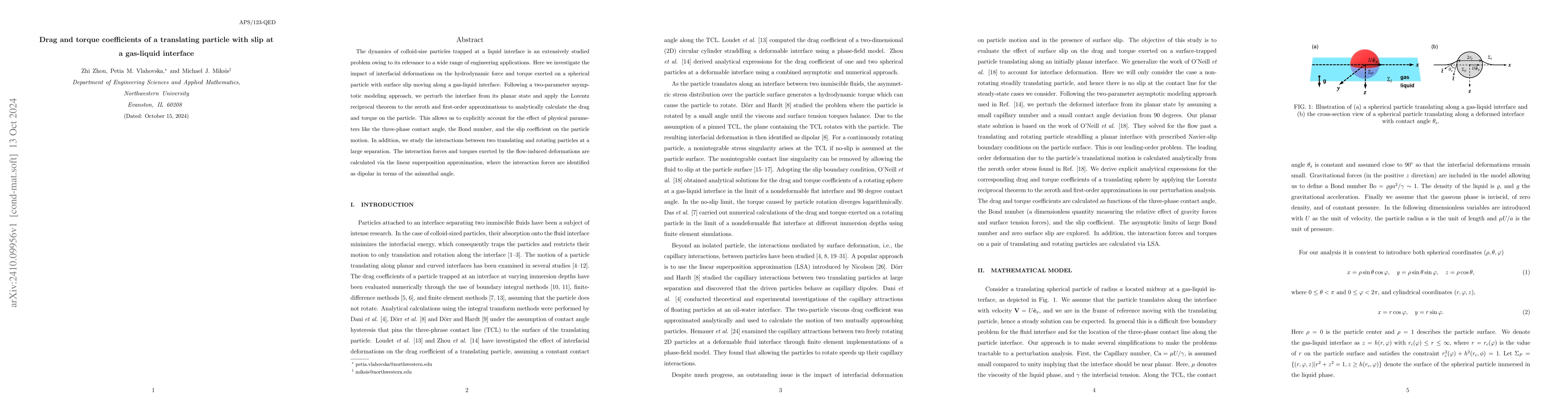 Thumbnail for Drag and torque coefficients of a translating particle with slip at a
  gas-liquid interface