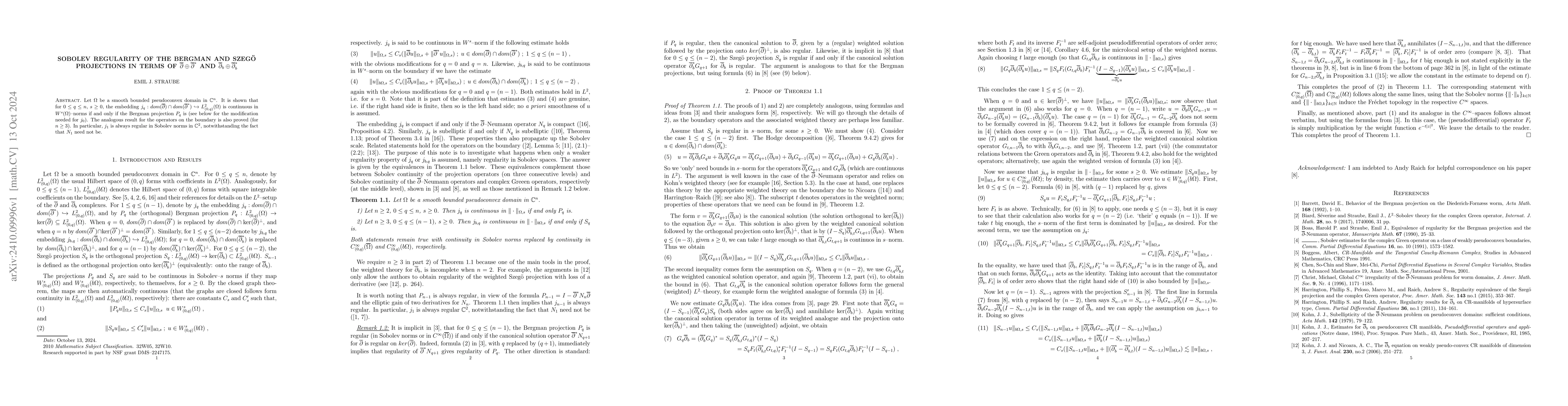 Thumbnail for Sobolev regularity of the Bergman and Szegö projections in terms of
  $\overline{\partial}\oplus\overline{\partial}^{*}$ and
  $\overline{\partial}_{b}\oplus\overline{\partial}_{b}^{*}$