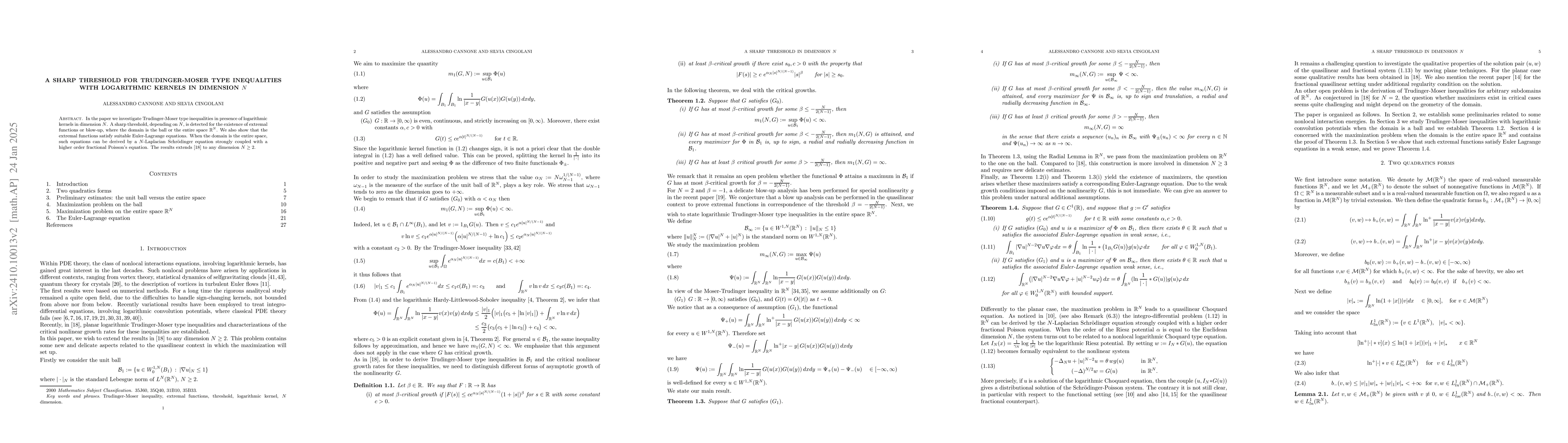 Thumbnail for A sharp threshold for Trudinger-Moser type inequalities with logarithmic
  kernels in dimension N