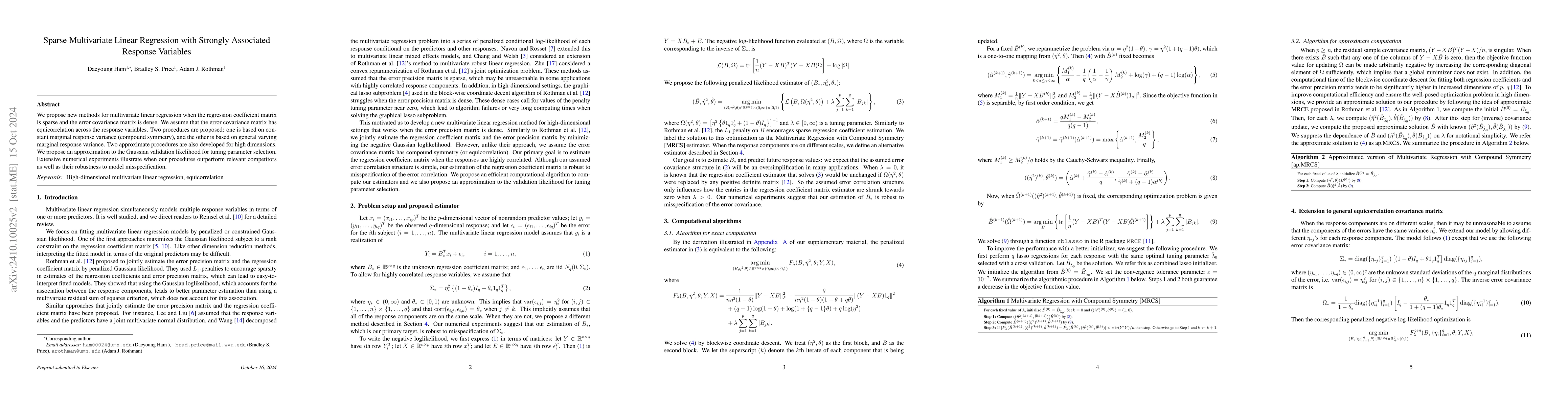 Thumbnail for Sparse Multivariate Linear Regression with Strongly Associated Response
  Variables