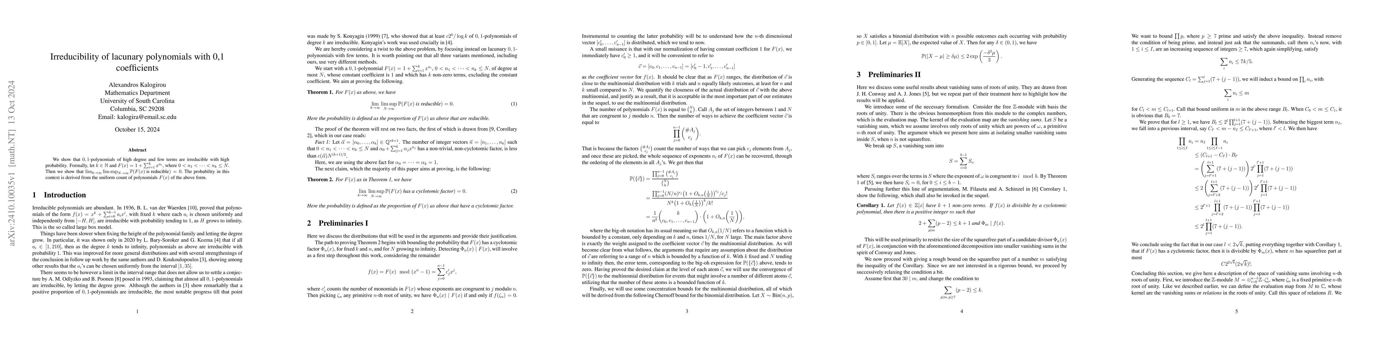 Thumbnail for Irreducibility of lacunary polynomials with 0,1 coefficients