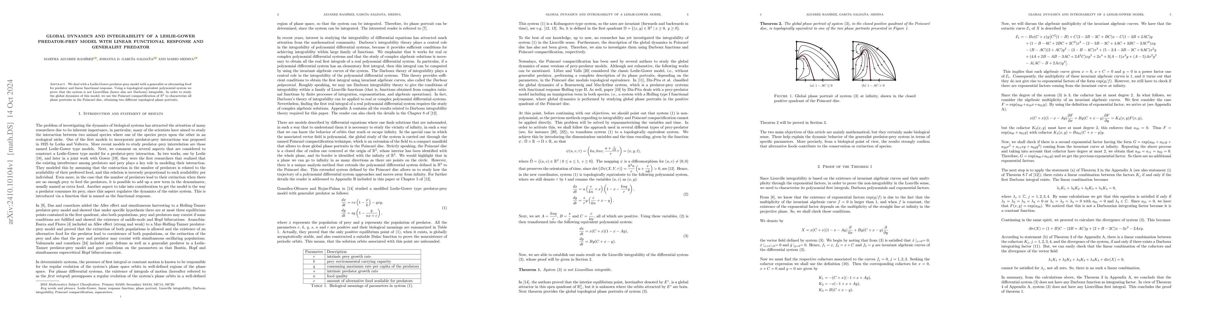 Thumbnail for Global dynamics and integrability of a Leslie-Gower predator-prey model
  with linear functional response and generalist predator