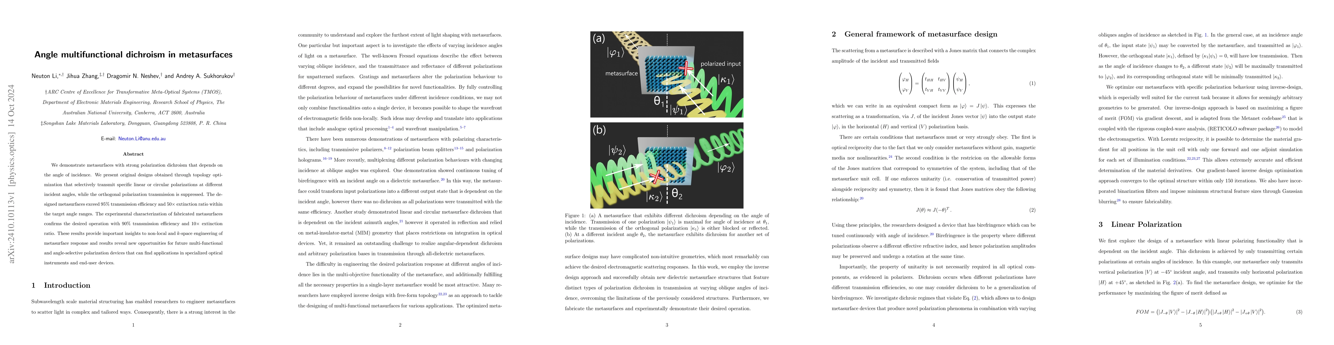Thumbnail for Angle multifunctional dichroism in metasurfaces