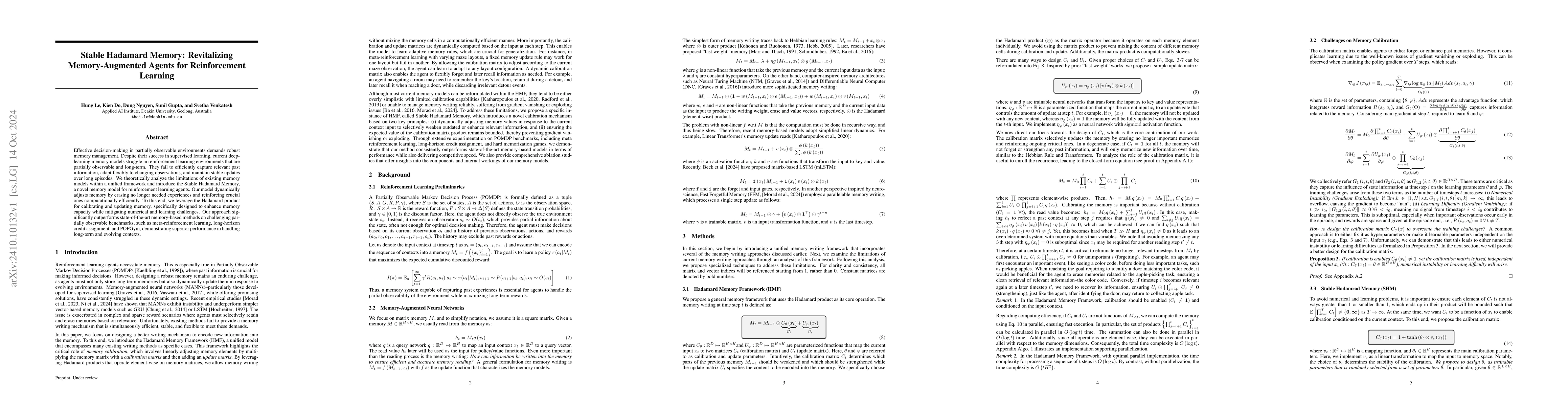 Thumbnail for Stable Hadamard Memory: Revitalizing Memory-Augmented Agents for
  Reinforcement Learning