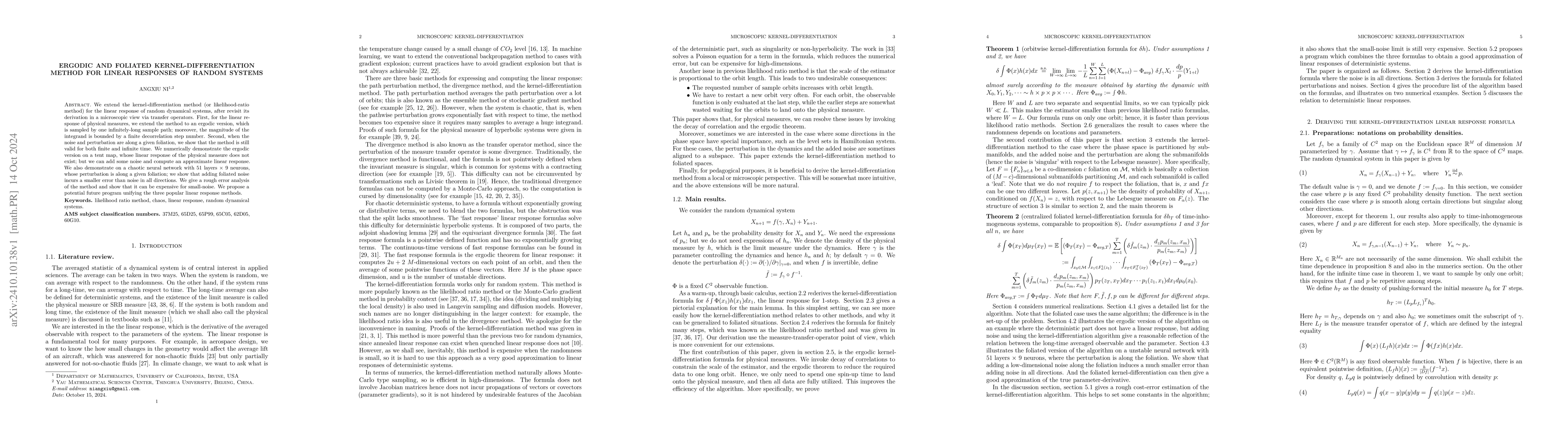 Thumbnail for Ergodic and foliated kernel-differentiation method for linear responses
  of random systems