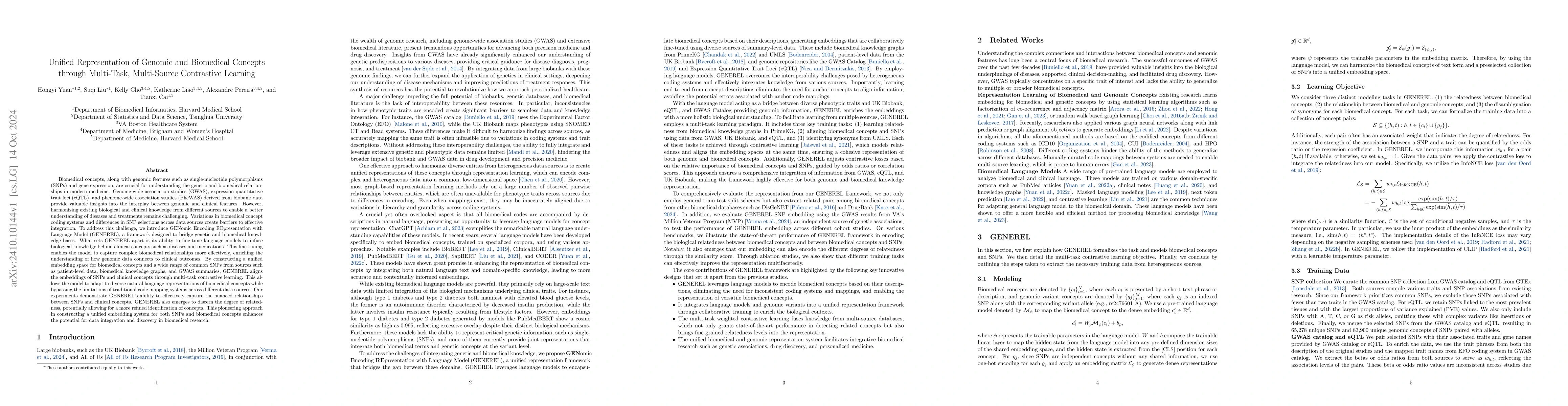 Thumbnail for Unified Representation of Genomic and Biomedical Concepts through
  Multi-Task, Multi-Source Contrastive Learning