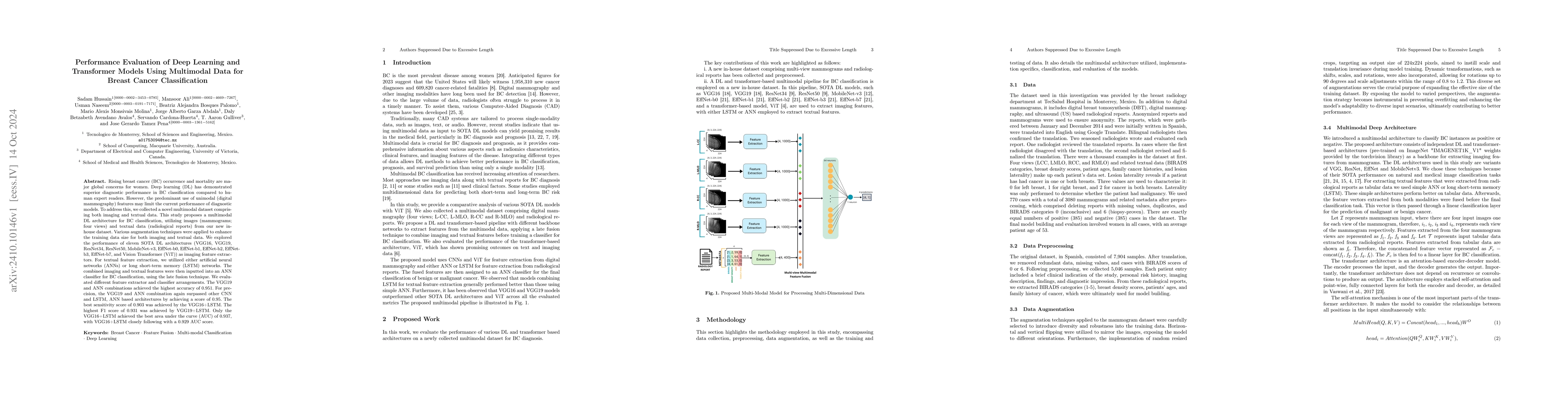 Thumbnail for Performance Evaluation of Deep Learning and Transformer Models Using
  Multimodal Data for Breast Cancer Classification