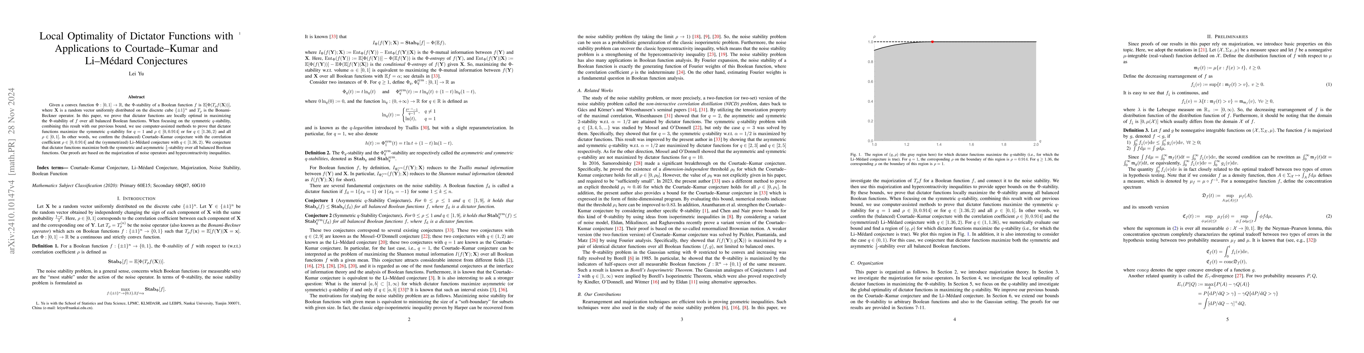 Thumbnail for Local Optimality of Dictator Functions with Applications to
  Courtade--Kumar and Li--Médard Conjectures