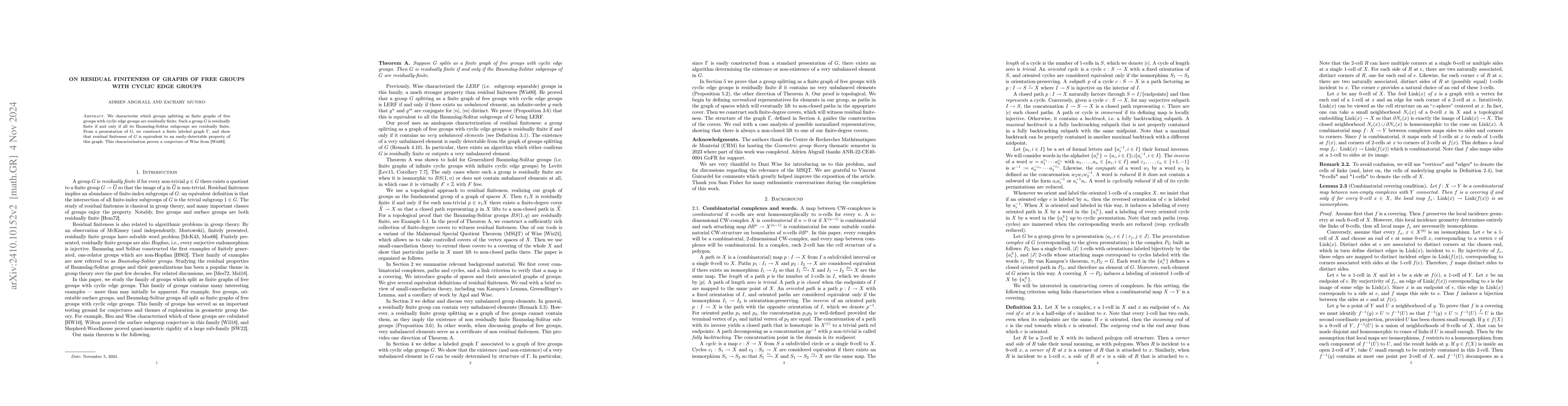 Thumbnail for On residual finiteness of graphs of free groups with cyclic edge groups